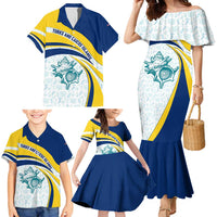 Turks and Caicos Islands Family Matching Mermaid Dress and Hawaiian Shirt with Sea Shell Graphic and Yellow Blue Wave Design - Wonder Print Shop