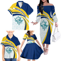 Turks and Caicos Islands Family Matching Off The Shoulder Long Sleeve Dress and Hawaiian Shirt with Sea Shell Graphic and Yellow Blue Wave Design - Wonder Print Shop
