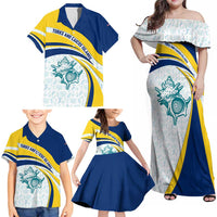 Turks and Caicos Islands Family Matching Off Shoulder Maxi Dress and Hawaiian Shirt with Sea Shell Graphic and Yellow Blue Wave Design - Wonder Print Shop