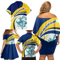 Turks and Caicos Islands Family Matching Off Shoulder Short Dress and Hawaiian Shirt with Sea Shell Graphic and Yellow Blue Wave Design - Wonder Print Shop