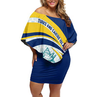 Turks and Caicos Islands Family Matching Off Shoulder Short Dress and Hawaiian Shirt with Sea Shell Graphic and Yellow Blue Wave Design - Wonder Print Shop