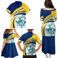 Turks and Caicos Islands Family Matching Puletasi and Hawaiian Shirt with Sea Shell Graphic and Yellow Blue Wave Design - Wonder Print Shop
