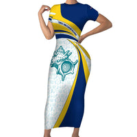 Turks and Caicos Islands Family Matching Short Sleeve Bodycon Dress and Hawaiian Shirt with Sea Shell Graphic and Yellow Blue Wave Design - Wonder Print Shop