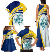 Turks and Caicos Islands Family Matching Tank Maxi Dress and Hawaiian Shirt with Sea Shell Graphic and Yellow Blue Wave Design - Wonder Print Shop