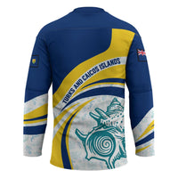 Turks and Caicos Islands Hockey Jersey with Sea Shell Graphic and Yellow Blue Wave Design - Wonder Print Shop