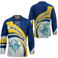 Turks and Caicos Islands Hockey Jersey with Sea Shell Graphic and Yellow Blue Wave Design - Wonder Print Shop