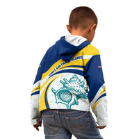 Turks and Caicos Islands Kid Hoodie with Sea Shell Graphic and Yellow Blue Wave Design - Wonder Print Shop