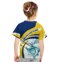 Turks and Caicos Islands Kid T Shirt with Sea Shell Graphic and Yellow Blue Wave Design - Wonder Print Shop
