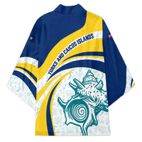 Turks and Caicos Islands Kimono with Sea Shell Graphic and Yellow Blue Wave Design - Wonder Print Shop