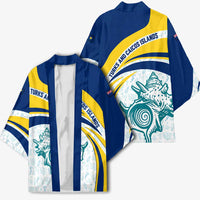 Turks and Caicos Islands Kimono with Sea Shell Graphic and Yellow Blue Wave Design - Wonder Print Shop