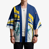 Turks and Caicos Islands Kimono with Sea Shell Graphic and Yellow Blue Wave Design - Wonder Print Shop