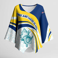 Turks and Caicos Islands Kimono Sleeve Blouse with Sea Shell Graphic and Yellow Blue Wave Design - Wonder Print Shop