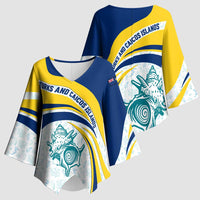 Turks and Caicos Islands Kimono Sleeve Blouse with Sea Shell Graphic and Yellow Blue Wave Design - Wonder Print Shop