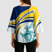 Turks and Caicos Islands Kimono Sleeve Blouse with Sea Shell Graphic and Yellow Blue Wave Design - Wonder Print Shop