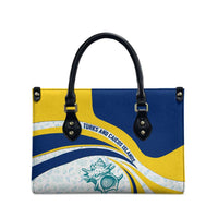 Turks and Caicos Islands Leather Bag with Sea Shell Graphic and Yellow Blue Wave Design - Wonder Print Shop