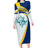 Turks and Caicos Islands Long Sleeve Bodycon Dress with Sea Shell Graphic and Yellow Blue Wave Design - Wonder Print Shop