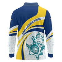 Turks and Caicos Islands Long Sleeve Polo Shirt with Sea Shell Graphic and Yellow Blue Wave Design - Wonder Print Shop