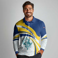 Turks and Caicos Islands Long Sleeve Polo Shirt with Sea Shell Graphic and Yellow Blue Wave Design - Wonder Print Shop