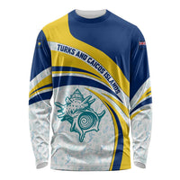 Turks and Caicos Islands Long Sleeve Shirt with Sea Shell Graphic and Yellow Blue Wave Design - Wonder Print Shop