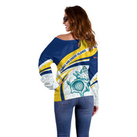 Turks and Caicos Islands Off Shoulder Sweater with Sea Shell Graphic and Yellow Blue Wave Design - Wonder Print Shop