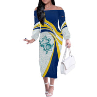 Turks and Caicos Islands Off The Shoulder Long Sleeve Dress with Sea Shell Graphic and Yellow Blue Wave Design - Wonder Print Shop