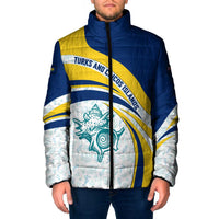 Turks and Caicos Islands Padded Jacket with Sea Shell Graphic and Yellow Blue Wave Design - Wonder Print Shop