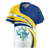 Turks and Caicos Islands Rugby Jersey with Sea Shell Graphic and Yellow Blue Wave Design - Wonder Print Shop