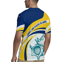 Turks and Caicos Islands Rugby Jersey with Sea Shell Graphic and Yellow Blue Wave Design - Wonder Print Shop