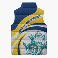Turks and Caicos Islands Sleeveless Puffer Jacket with Sea Shell Graphic and Yellow Blue Wave Design - Wonder Print Shop