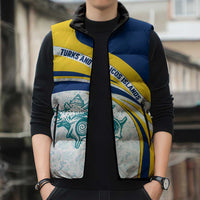 Turks and Caicos Islands Sleeveless Puffer Jacket with Sea Shell Graphic and Yellow Blue Wave Design - Wonder Print Shop