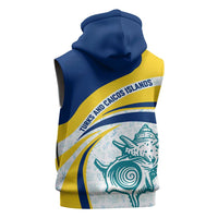 Turks and Caicos Islands Sleeveless Zip Hoodie with Sea Shell Graphic and Yellow Blue Wave Design - Wonder Print Shop