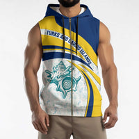 Turks and Caicos Islands Sleeveless Zip Hoodie with Sea Shell Graphic and Yellow Blue Wave Design - Wonder Print Shop