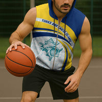 Turks and Caicos Islands Sleeveless Zip Hoodie with Sea Shell Graphic and Yellow Blue Wave Design - Wonder Print Shop