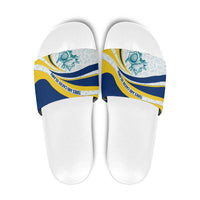 Turks and Caicos Islands Slide Sandals with Sea Shell Graphic and Yellow Blue Wave Design - Wonder Print Shop
