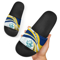 Turks and Caicos Islands Slide Sandals with Sea Shell Graphic and Yellow Blue Wave Design - Wonder Print Shop