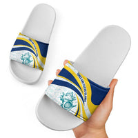 Turks and Caicos Islands Slide Sandals with Sea Shell Graphic and Yellow Blue Wave Design - Wonder Print Shop