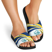 Turks and Caicos Islands Slide Sandals with Sea Shell Graphic and Yellow Blue Wave Design - Wonder Print Shop