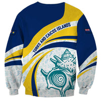 Turks and Caicos Islands Sweatshirt with Sea Shell Graphic and Yellow Blue Wave Design - Wonder Print Shop
