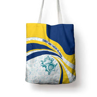 Turks and Caicos Islands Tote Bag with Sea Shell Graphic and Yellow Blue Wave Design - Wonder Print Shop
