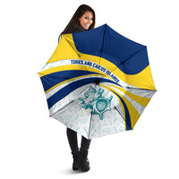 Turks and Caicos Islands Umbrella with Sea Shell Graphic and Yellow Blue Wave Design - Wonder Print Shop