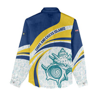 Turks and Caicos Islands Women Casual Shirt with Sea Shell Graphic and Yellow Blue Wave Design - Wonder Print Shop