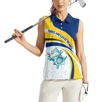 Turks and Caicos Islands Women Sleeveless Polo Shirt with Sea Shell Graphic and Yellow Blue Wave Design - Wonder Print Shop