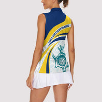 Turks and Caicos Islands Women Sleeveless Polo Shirt with Sea Shell Graphic and Yellow Blue Wave Design - Wonder Print Shop