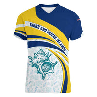 Turks and Caicos Islands Women V-Neck T-Shirt with Sea Shell Graphic and Yellow Blue Wave Design - Wonder Print Shop