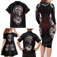 Viking Shieldmaiden Family Matching Long Sleeve Bodycon Dress and Hawaiian Shirt with Viking Compass Vegvisir - Wonder Print Shop