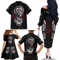 Viking Shieldmaiden Family Matching Off Shoulder Long Sleeve Dress and Hawaiian Shirt with Viking Compass Vegvisir - Wonder Print Shop