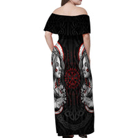 Viking Shieldmaiden Family Matching Off Shoulder Maxi Dress and Hawaiian Shirt with Viking Compass Vegvisir - Wonder Print Shop