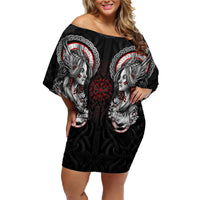 Viking Shieldmaiden Family Matching Off Shoulder Short Dress and Hawaiian Shirt with Viking Compass Vegvisir - Wonder Print Shop