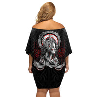 Viking Shieldmaiden Off Shoulder Short Dress with Viking Compass Vegvisir - Wonder Print Shop