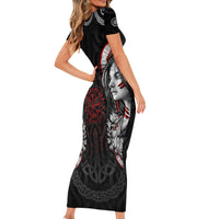 Viking Shieldmaiden Short Sleeve Bodycon Dress with Viking Compass Vegvisir - Wonder Print Shop